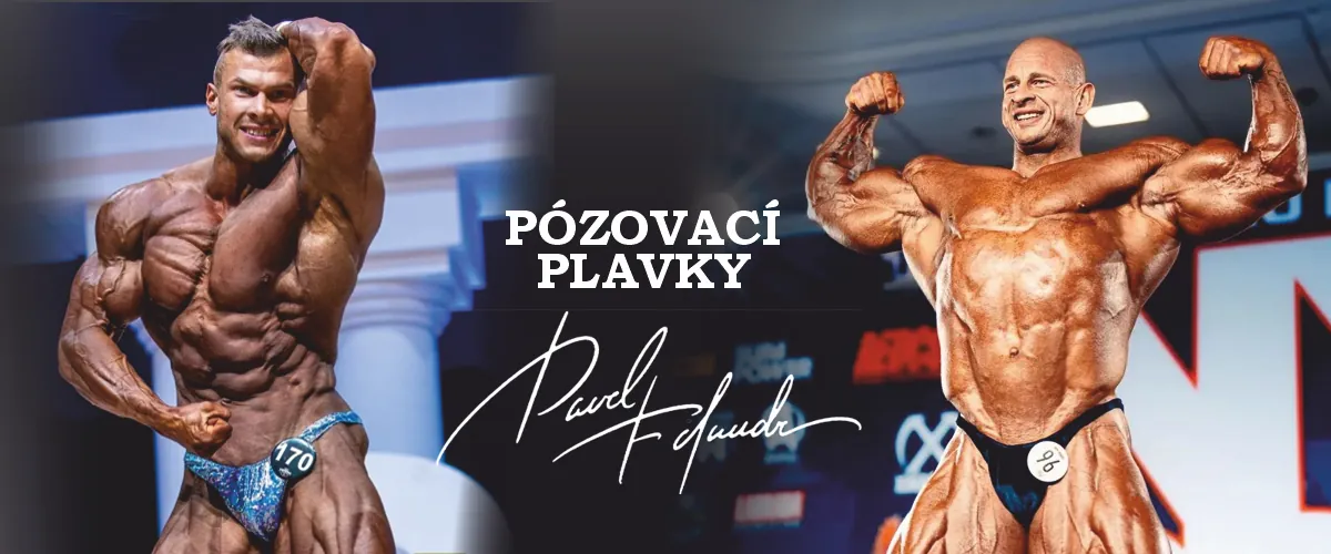 Dva kulturisté na pódiu v závodních pózovacích plavkách Filandr, uprostřed nápis Pózovací plavky a podpis Pavla Filandra