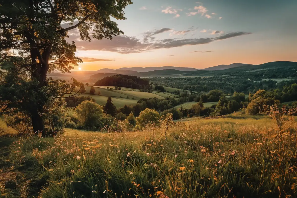 Krajina České Kanady v okolí Resortu pod Landštejnem při západu slunce